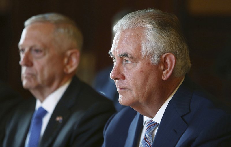 U.S. Secretary of State Rex Tillerson, right, and U.S. Secretary of Defence Jim Mattis participate in talks at Government House in Sydney for the 2017 Australia-United States Ministerial Consultations (AUSMIN) Monday, June 5, 2017. The annual meeting brings together the Australian ministers for foreign affairs and for defense with the U.S. secretaries of State and defense, along with senior officials from both portfolios. 