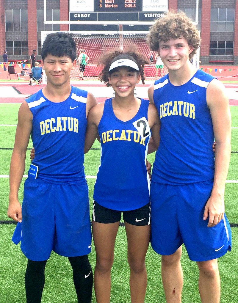 Submitted Photo Leng Lee (left), Desi Meek and Ryan Shaffer took a moment to pose for a photograph after competing in the two-day Arkansas Decathlon/Heptathlon at Cabot High School May 18. Both events brought together the top high school track stars in all eight conferences for one final showdown.