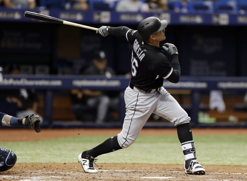 Chicago White Sox's Avisail Garcia follows the flight of his home run off Tampa Bay Rays starting pitcher Chris Archer during the seventh inning of a baseball game Tuesday, June 6, 2017, in St. Petersburg, Fla. (AP Photo/Chris O'Meara)