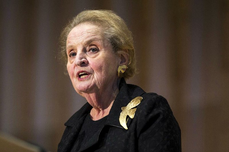 FILE - In this Oct. 6, 2016, file photo, former U.S. Secretary of State Madeleine Albright speaks during a memorial service for former Israel Prime Minister Shimon Peres at Adas Israel Congregation in Washington. 