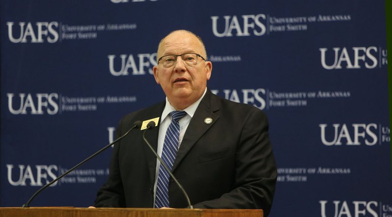 NWA Democrat-Gazette/DAVID GOTTSCHALK Paul Beran, University of Arkansas-Fort Smith chancellor, speaks Wednesday during a ceremony at the university announcing two gifts from the Raymond Gosack estate to the University of Arkansas and the University of Arkansas-Fort Smith.