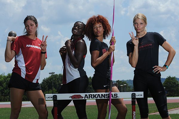 Arkansas entrants in the heptathlon Leigha Brown (from left), Kelsey Herman, Taliyah Brooks and Payton Stumbaugh enter the NCAA Outdoor Track and Field National Championship meet as four of the top eight in their sport, Wednesday, May 31, 2017, at John McDonnell Field in Fayetteville.
