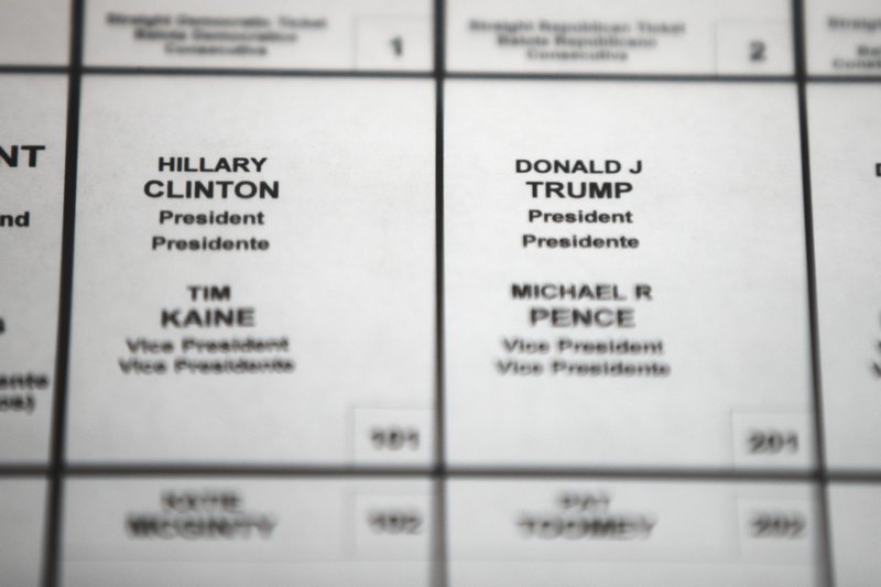 This Oct. 14, 2016 file photo shows Democratic presidential candidate Hillary Clinton's and Republican presidential candidate Donald Trump's names printed on a ballot on a voting machine to be used in the upcoming election, in Philadelphia. Some U.S. states are reviewing their election systems for signs of intrusion after a leaked National Security Agency report describes a hacking effort by Russian military intelligence.  (AP Photo/Matt Rourke, File)