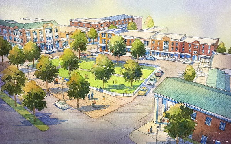 This artist rendering shows Johnson Square, a town square that is under construction in the Northwest Arkansas town.