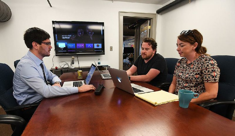 Lofty Labs executives (from left) Ben Davis, operations director, President Casey Kinsey and client service manager Rikki Marler hold an online meeting with a client.