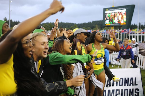 The Oregon women's track team celebrate its team championship on the final day of the NCAA outdoor college track and field championships in Eugene, Ore., Saturday, June 10, 2017. (AP Photo/Timothy J. Gonzalez)