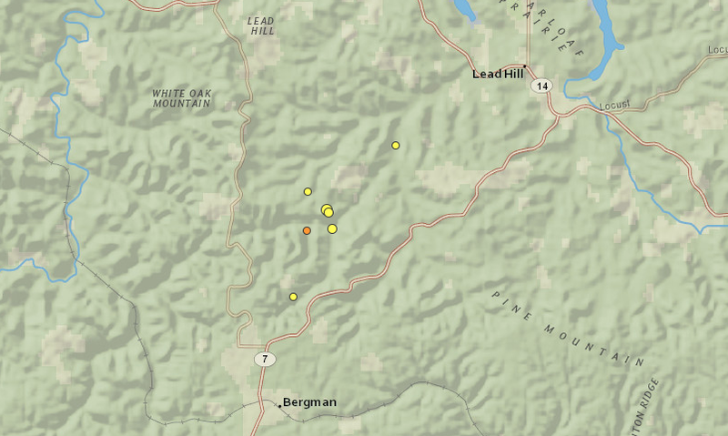 A map from the U.S. Geological Survey shows where earthquakes rattled northern Arkansas on Sunday, June 11, 2017.