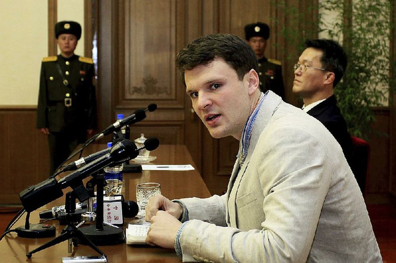 In this Feb. 29, 2016 file photo, American student Otto Warmbier speaks to reporters in Pyongyang, North Korea. Secretary of State Tillerson said Tuesday, June 13, 2017, that  North Korea released the jailed U.S. university student.