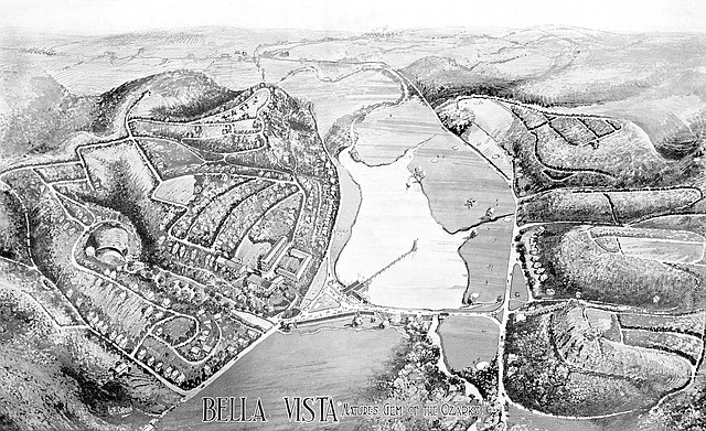 Photo from Bella Vista Historical Museum This artist&#8217;s sketch from 1923 shows a bird&#8217;s-eye view of the original part of Bella Vista. The view looks south toward Bentonville.