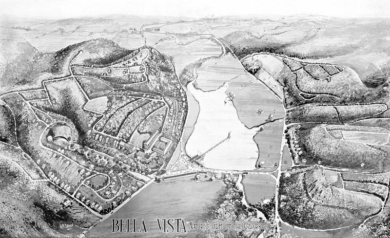 Photo from Bella Vista Historical Museum This artist&#8217;s sketch from 1923 shows a bird&#8217;s-eye view of the original part of Bella Vista. The view looks south toward Bentonville.