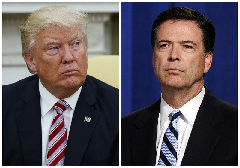In this combination photo, President Donald Trump, left, appears in the Oval Office of the White House in Washington on May 10, 2017, and FBI Director James Comey appears at a news conference in Washington on June 30, 2014.  