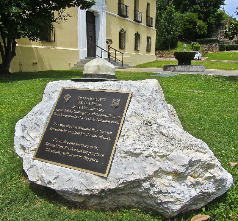 A Bathhouse Row monument in Hot Springs honors James A. Cary, the first National Park Service ranger killed in the line of duty. He was shot by bootleggers in 1927. 