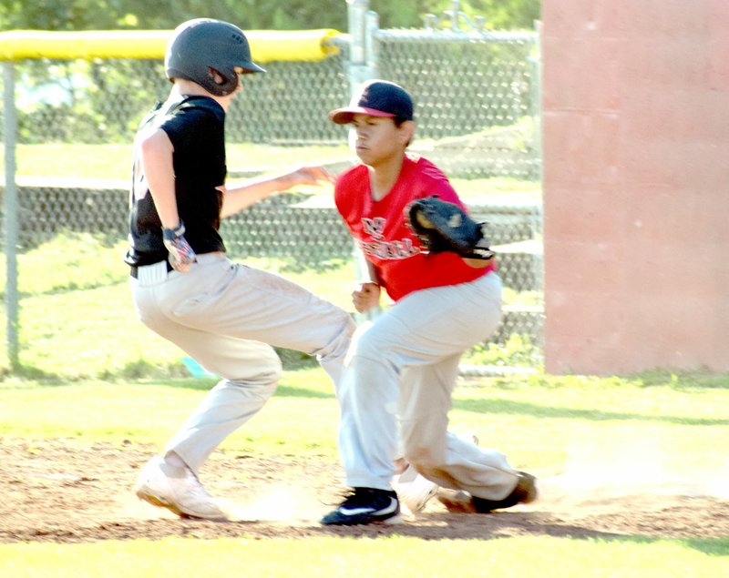 Photo by Rick Peck McDonald County first baseman Matthew Mora takes a throw from shortstop Cross Dowd to double-up a Joplin runner during McDonald County&#8217;s 5-3 loss on June 5 at MCHS.