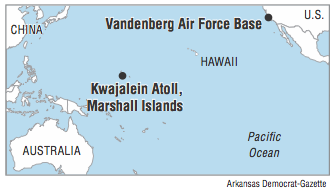Map showing the location of the Vandenberg Air Force Base and Kwajalein Atoll, Marshall Islands
