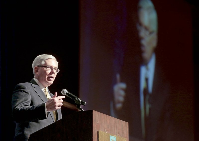 Dana Davis, president of the Bentonville/Bella Vista Chamber of Commerce, speaks Feb. 6, 2014, during the annual Chamber Dinner meeting at the John Q Hammons Center in Rogers.