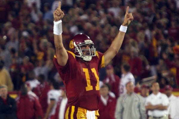 Quarterback Matt Leinart celebrates after a score in USC's 70-17 win over Arkansas on Sept. 17, 2005, at Los Angeles Memorial Coliseum in Los Angeles, Calif.