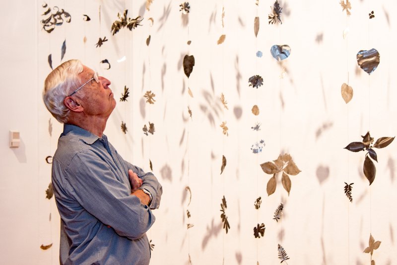Bob McKuin takes in the installation work Fall at the Arkansas Arts Center. The large scale botanical art installation of stainless-steel cutouts by Carlyle Wolfe of Oxford, Miss., won a Delta Award at “The 59th Annual Delta Exhibition.” The exhibit continues through Aug. 27.