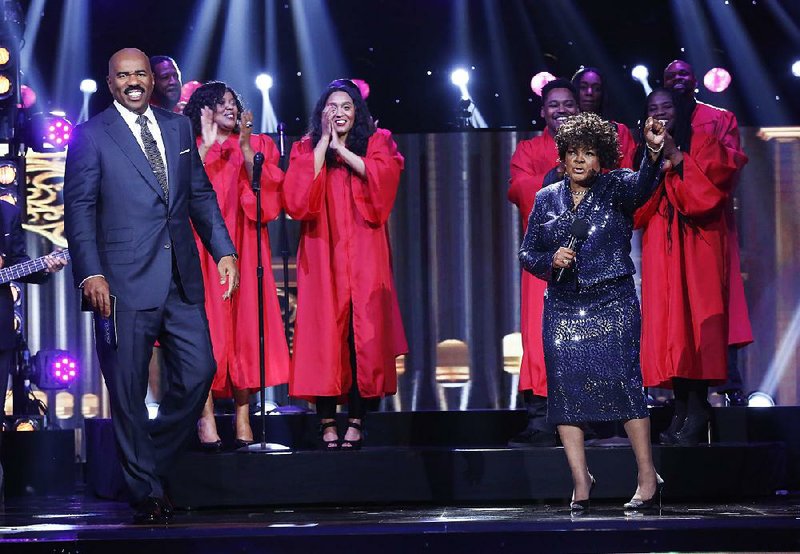 Steve Harvey (left) visits with 11-time Grammy Award-winning gospel singer and pastor Shirley Caesar on Little Big Shots: Forever Young.