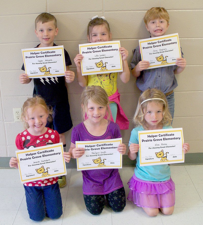 SUBMITTED PHOTO The May character word at Prairie Grove Elementary School is helper. Those recognized in kindergarten are from left to right back row: Caylor Ashwort, Lillie London, Henry Stephens; from left to right front row: Amanda Cruikshank, Railynn Smith, Eliza Morrow. Not pictured, Emreigh Miller.