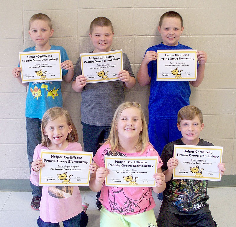 SUBMITTED PHOTO The May character word at Prairie Grove Elementary is helper. Those recognized in second grade from left to right back row: Logan Hanson, Gabe Randolph, Britt Williamson; from left to right front row: Anna-Lynn Napier, Emalee Peck, Glen Hoffman.