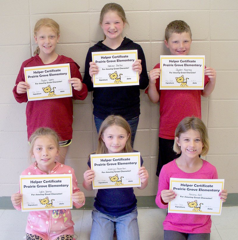 SUBMITTED PHOTO The May character word at Prairie Grove Elementary School is helper. Those recognized in third grade are, from left to right back row: Payton Spatz, Addison Shelton, Jayden Kearney; from left to right front row: Lydia Young, Katelyn Howerton, Areona Holt. Not pictured: Elyana Clark-Gerick.