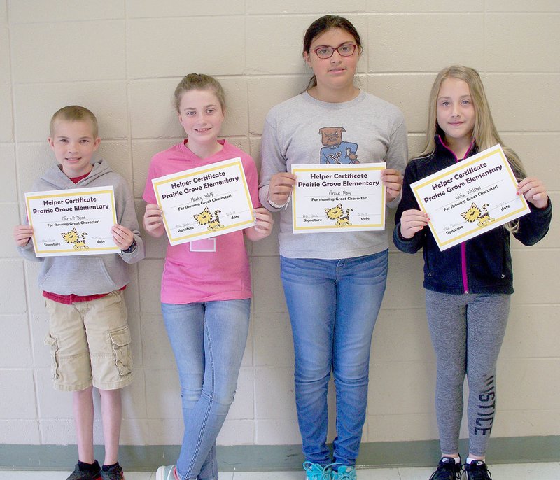 SUBMITTED PHOTO The May character word at Prairie Grove Elementary School is helper. Those recognized in fourth grade are, from left to right: Jarrett Bone, Hailey Wolf, Grace Row, Willa Walters. Not pictured: Olivia Thompson and Lexi Jones.