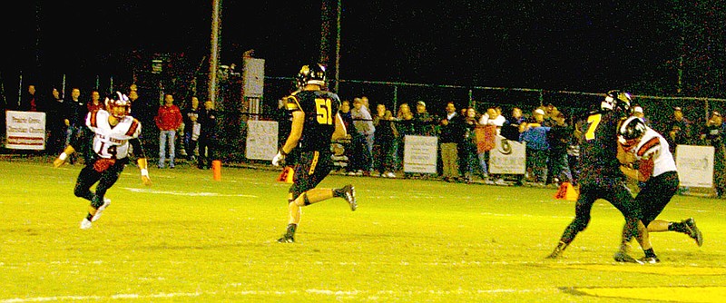 MARK HUMPHREY ENTERPRISE-LEADER Prairie Grove 2017 graduate Jack Stone, shown wearing No. 51 and returning an interception against Pea Ridge, will play in the 2017 Arkansas High School Coaches Association All-Star football game Friday at Estes Stadium on the University of Central Arkansas campus at Conway. Kickoff is at 7 p.m. Stone will attend Arkansas Tech on a football scholarship.