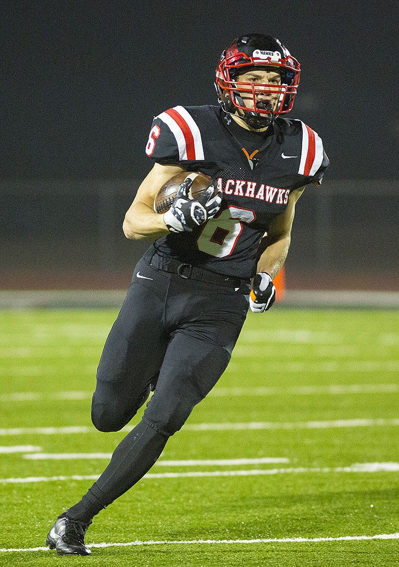 FILE PHOTO &#8212; Pea Ridge rising senior Drew Winn races for a touchdown against Hamburg in the 2016 Class 4A state quarterfinals at Blackhawks Stadium. Pea Ridge will open the season against Hamburg at 5:30 p.m. on Monday, Aug. 28 in the Hooten&#8217;s Kickoff Classic at UCA. The Blackhawks will then travel to Booneville on Friday, Sept. 1.