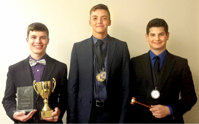 Photo submitted Five home school students from Siloam Springs earned invitations to the National Invitational Tournament of Champions at Union University in Jackson, Tenn., to compete with more than 500 other home school students in speech and debate. From left to right are Sam Youmans, Seth Eben and Joe Hahn. Not pictured are Nathan Hahn and Nate Youmans.