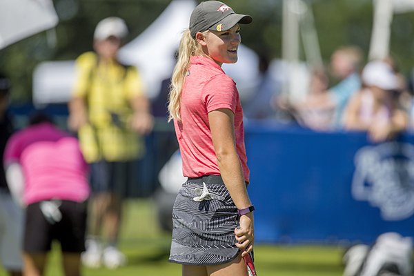 Arkansas Razorbacks junior Alana Uriell practices on the practice putting green Wednesday, June 21, 2017, during the Walmart NW Arkansas Championship presented by P&G at Pinnacle Country Club in Rogers.