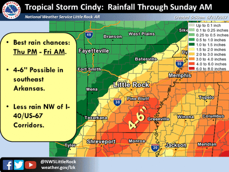 Up to 6 inches of rainfall will be possible as Tropical Storm Cindy affects parts of Arkansas, according to the National Weather Service in North Little Rock.