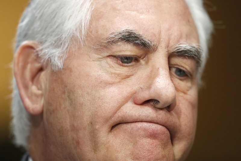 FILE- In this June 13, 2017, file photo, Secretary of State Rex Tillerson pauses while testifying on Capitol Hill in Washington before the Senate Foreign Relations Committee.  (AP Photo/Jacquelyn Martin, File)