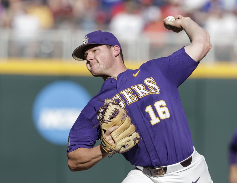 LSU pitcher Jared Poche' works against Florida State during the first inning of an NCAA College World Series baseball game in Omaha, Neb., Wednesday, June 21, 2017. (AP Photo/Nati Harnik)