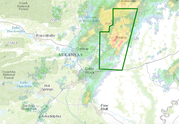 The area outlined in green is under a flash flood warning until 10:30 p.m.