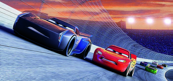 Jackson Storm (voice of Armie Hammer) and Lightning McQueen (voice of Owen Wilson) are among the characters in Cars 3. It came in first at last weekend’s box office and made about $53.7 million.