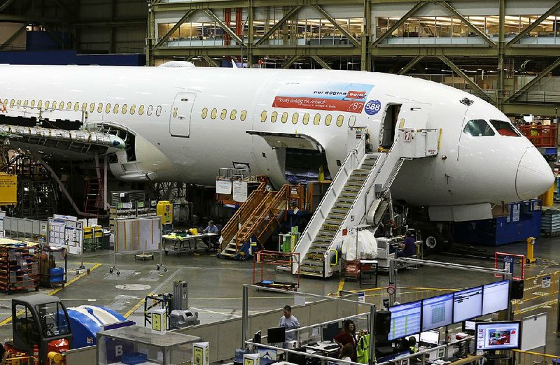 A Boeing 787 airplane being built for Norwegian Air Shuttle is show at a Boeing Co. factory in Everett, Wash.