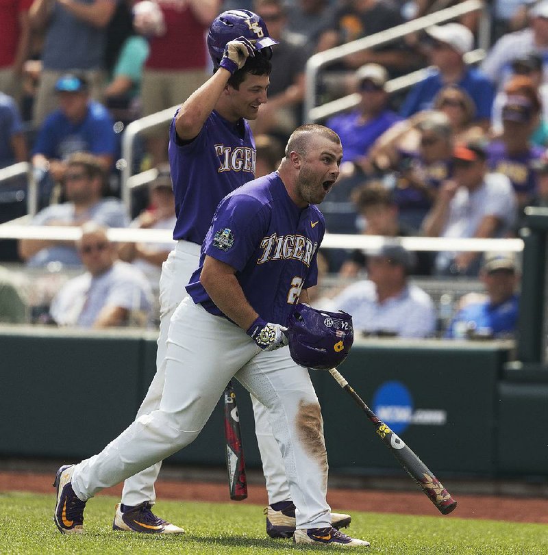 LSU’s Beau Jordan celebrates a home run in the sixth inning of  the Tigers’ 6-1 victory over Oregon State at the College World  Series on Saturday. The Tigers advanced to the best-of-three championship series against Florida.