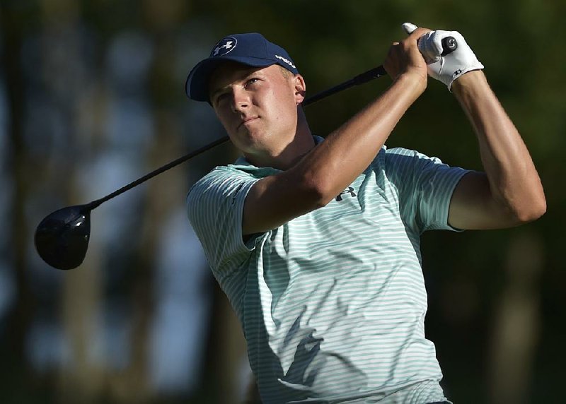 Jordan Spieth watches his tee shot on the 18th hole during the third round of the Travelers Championship golf tournament at TPC River Highlands on Saturday, June 24, 2017, in Cromwell, Conn. 