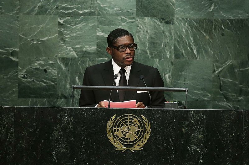  In this Wednesday, Sept. 30, 2015, Teodoro Nguema Obiang Mangue, Vice-President of Equatorial Guinea, speaks during the 70th session of the United Nations General Assembly at U.N. headquarters. F