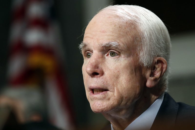 FILE - In this June 13, 2017, file photo, Senate Armed Services Committee Chairman Sen. John McCain, R-Ariz. speaks on Capitol Hill in Washington. McCain and Sen. Jack Reed, D- R.I., are asking Defense Secretary Jim Mattis to investigate reports that U.S. military interrogators worked with forces from the United Arab Emirates accused of torturing detainees in Yemen. (AP Photo/Jacquelyn Martin, file)