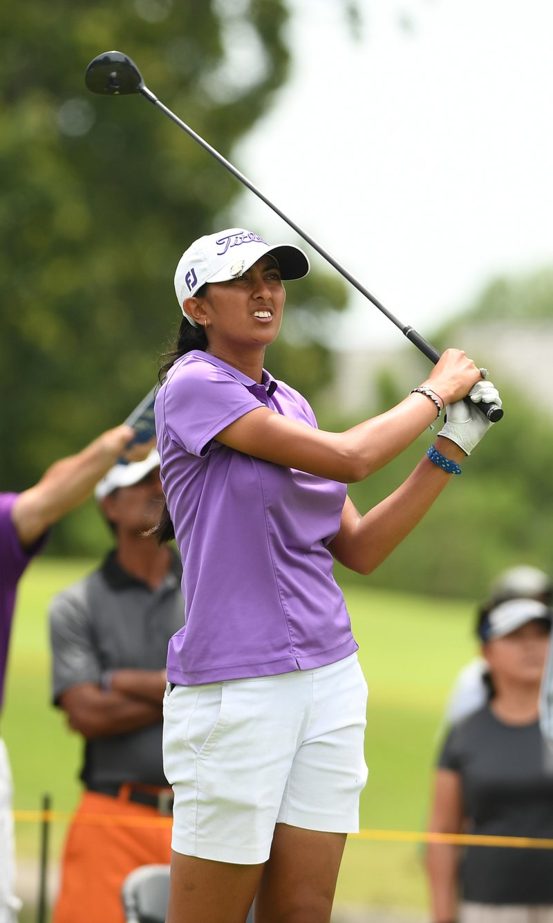 Aditi Ashok watches her tee shot Saturday on the ninth hole at the Walmart NW Arkansas Championship at Pinnacle Country Club in Rogers.