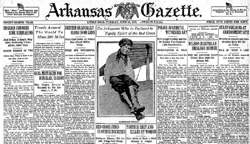 Front page of the June 26, 1917, Arkansas Gazette, showing report on former Arkansan Katherine Stinson's flight to DC for the Red Cross