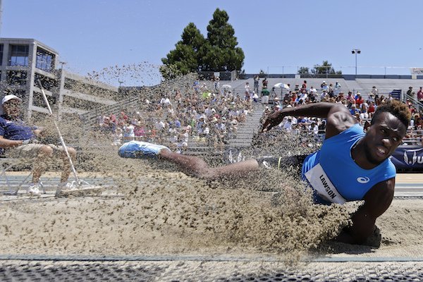 Jarrion Lawson lands a jump in the men's long jump at the U.S. Track and Field Championships, Sunday, June 25, 2017, in Sacramento, Calif. Lawson won the event. (AP Photo/Rich Pedroncelli)