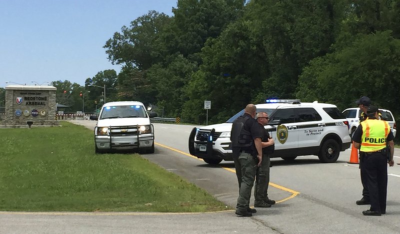 Authorities block an entrance to Redstone Arsenal on Tuesday, June 27, 2017, in Huntsville, Ala. 