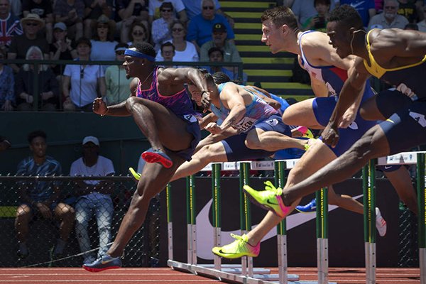Omar McLeod, of Jamaica, races to victory in the 110 hurdles during the second day of events at the IAAF Diamond League Prefontaine Classic at Hayward Field in Eugene, Ore., Saturday, May 27, 2017. (Andy Nelson/The Register-Guard via AP)
