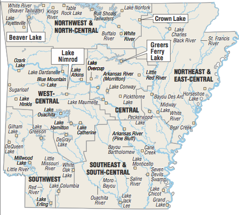 A map showing the location of Arkansas fishing spots.
