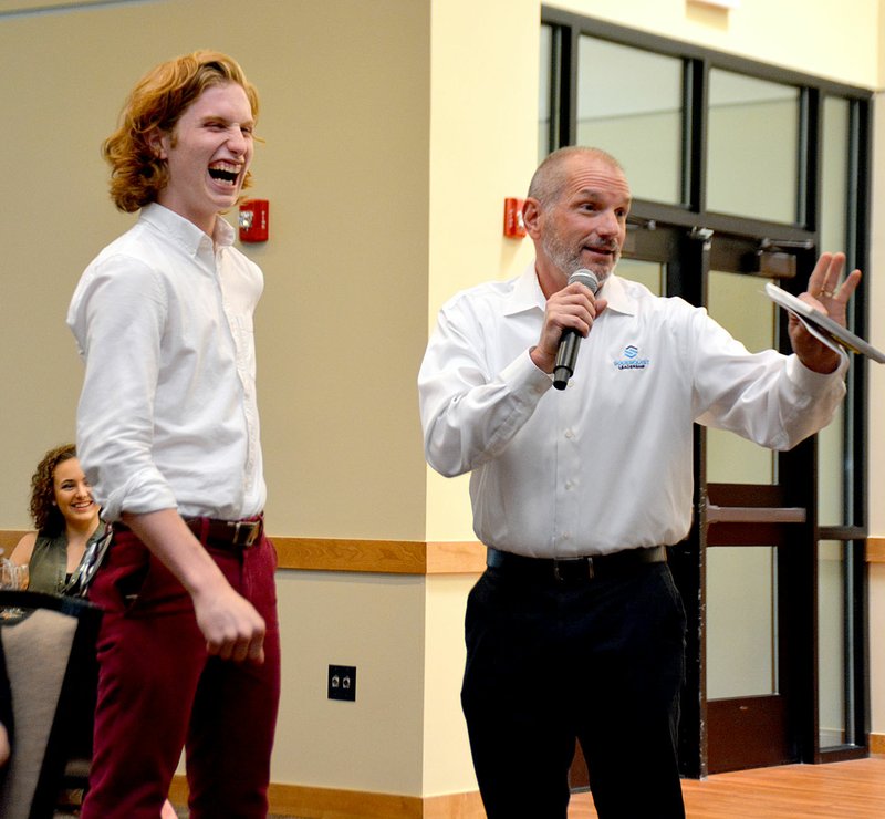 Janelle Jessen/Herald-Leader Alex Cornett, representing the Soderquist Center, introduced senior Solomon Jackson during the Siloam Springs Chamber of Commerce annual Honors Luncheon in May. The Chamber hosts a unique event each year to recognize honor and high honor graduates of Siloam Springs High School. During the luncheon, a chamber member stands and introduces each student, highlighting the student&#8217;s personal achievements.