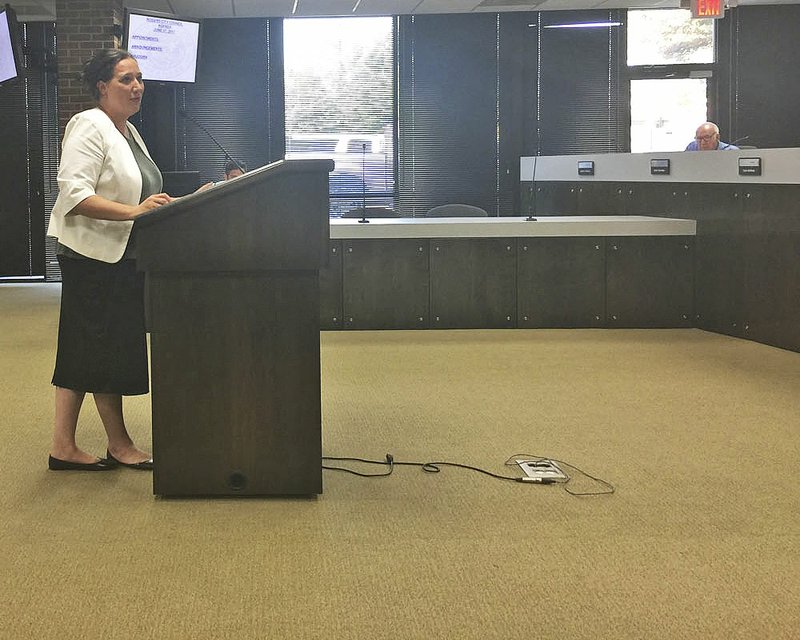 NWA Democrat-Gazette/TRACY M. NEAL Jennifer Waymack, senior staff attorney for Rogers, tells the City Council on Tuesday of a lawsuit the Arkansas chapter of the American Civil Liberties Union filed involving Rogers.