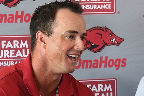 Arkansas assistant coach Nate Thompson speaks during a news conference Wednesday, June 28, 2017, in Fayetteville. 