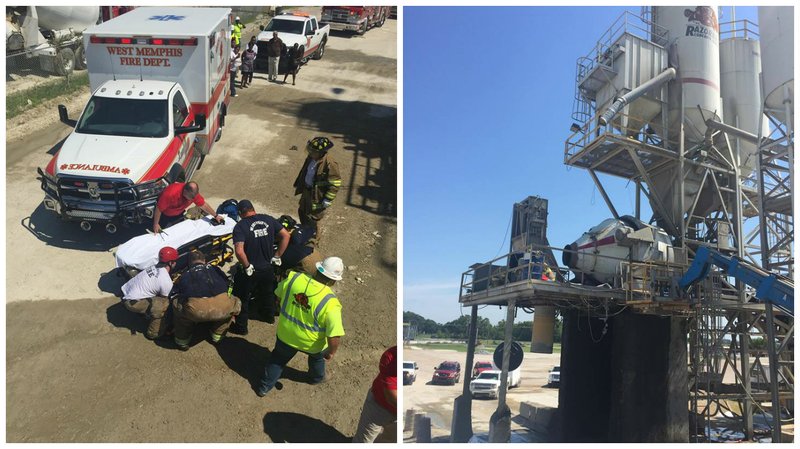 West Memphis Fire Department crews rescue a man from a 15-foot-tall platform at a concrete plant Wednesday morning.
